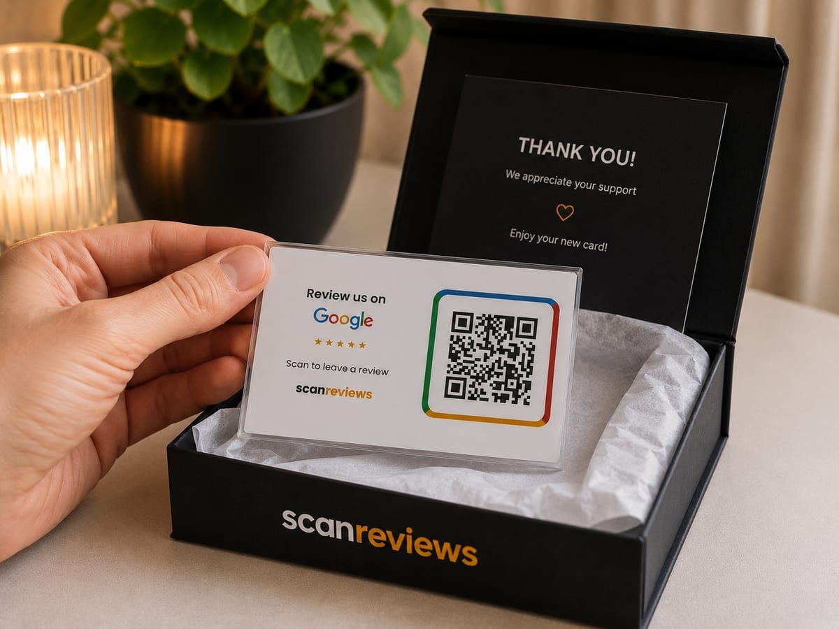 Mini Review Card with a Google review QR code, in its ScanReviews gift box