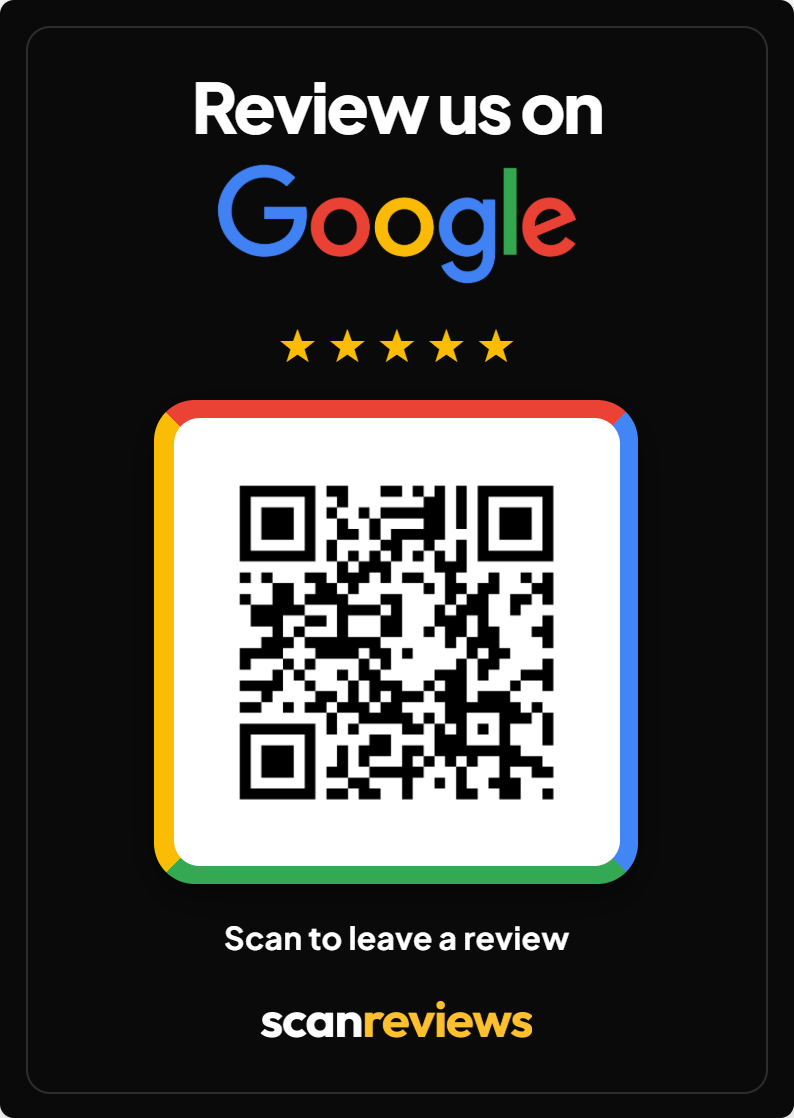 Google review card, matte black with printed QR code