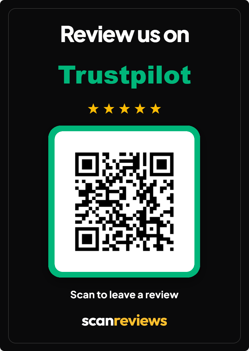 Trustpilot card, matte black with printed QR code