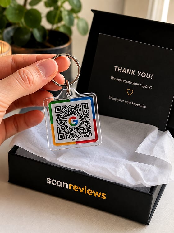Google QR keychain in its ScanReviews gift box