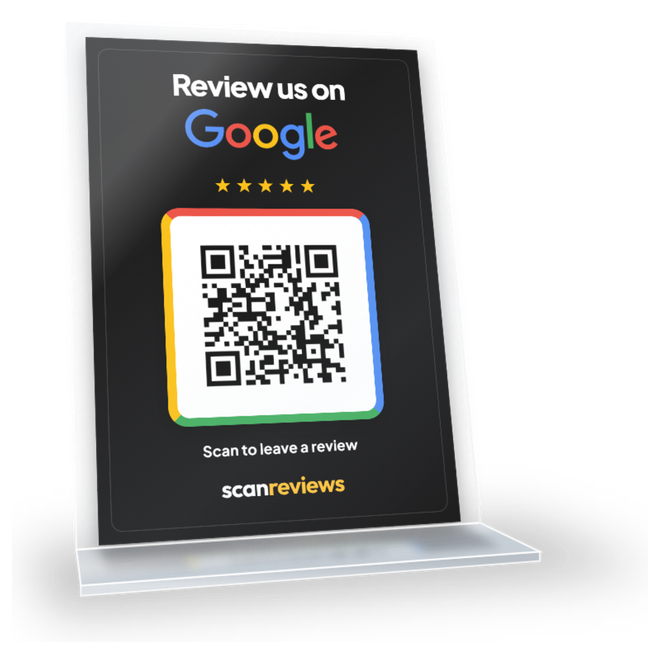 A6 Google Review Card in its acrylic desk stand