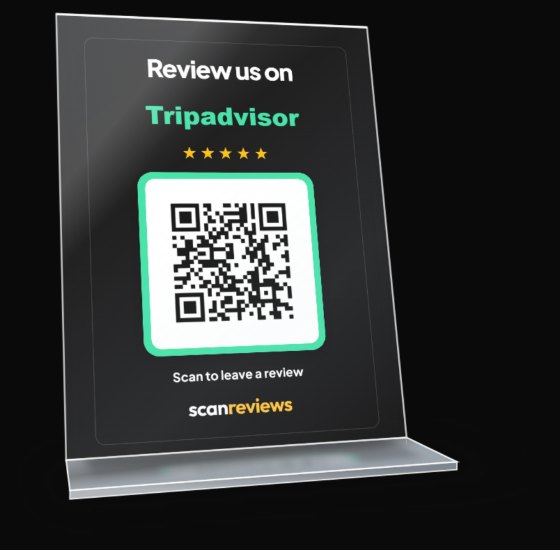 ScanReviews TripAdvisor card in its acrylic desk stand